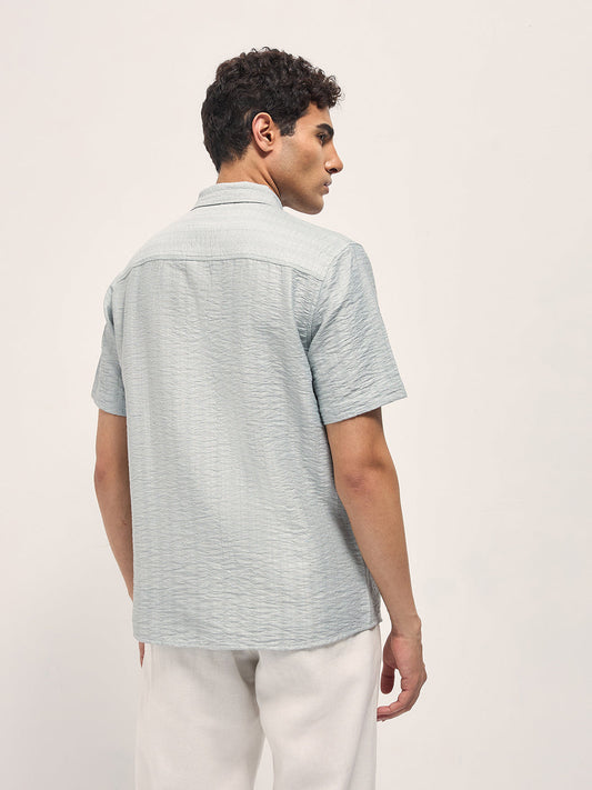 Light Blue Crinkled Textured Regular Fit Half-Sleeve Casual Shirt