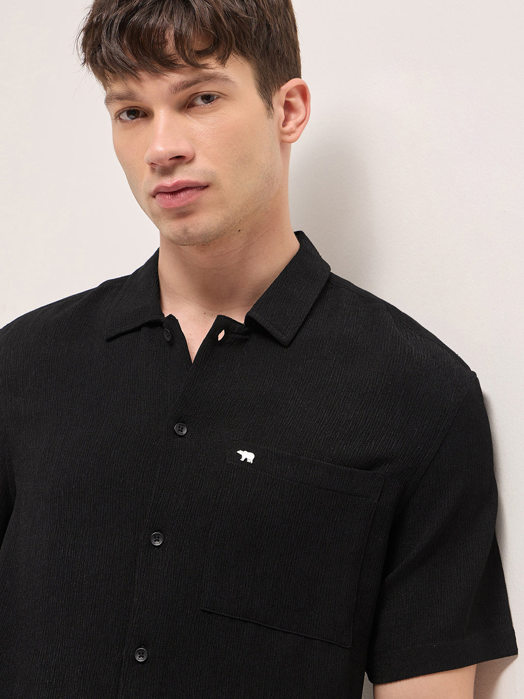 Black Relaxed Fit Half Sleeve Casual Shirt with Textured Woven Design