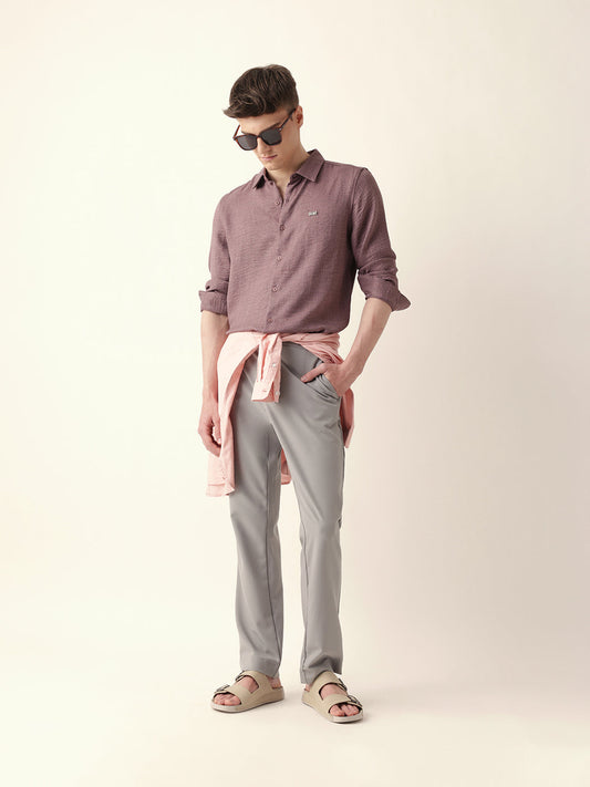 Pink Woven Textured Slim Fit Casual Shirt
