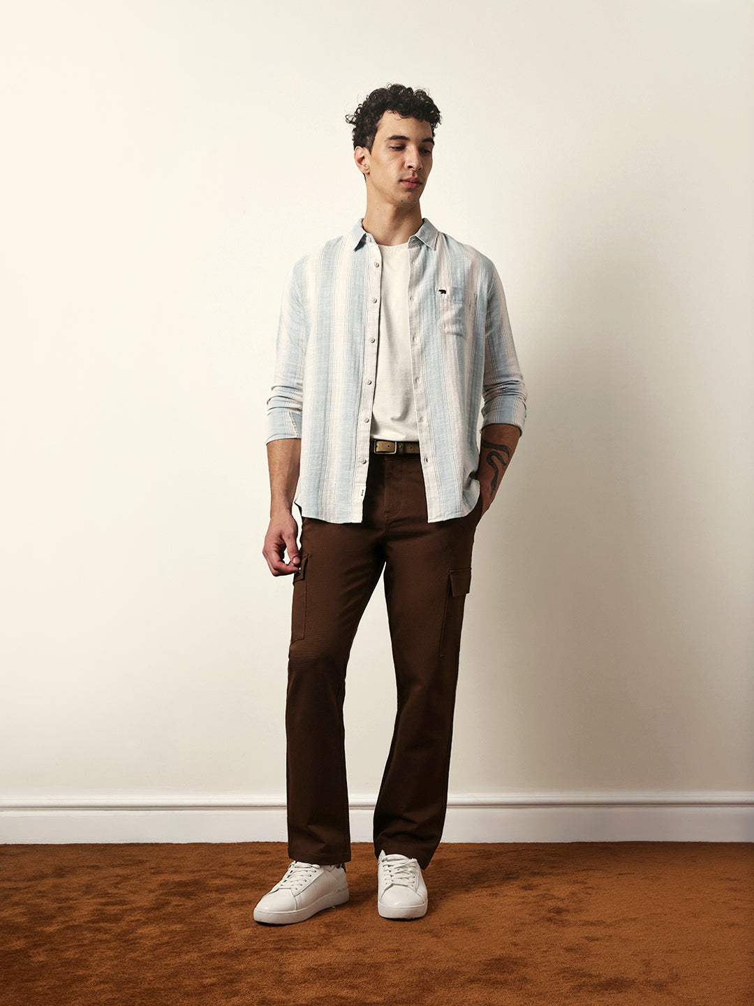 Teal Green with White Herringbone Striped Slim Fit Casual Shirt