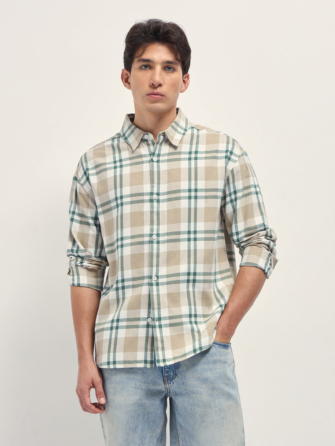 Beige Tartan Check Cotton Relaxed Fit Overshirt