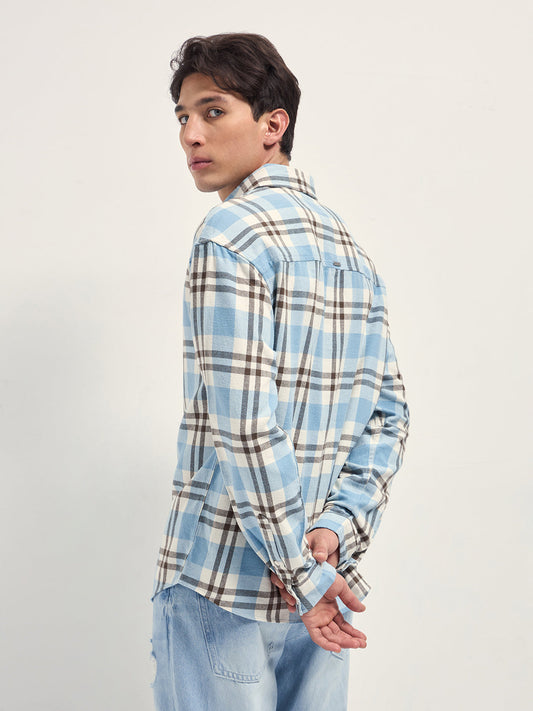 Blue Tartan Check Cotton Relaxed Fit Overshirt
