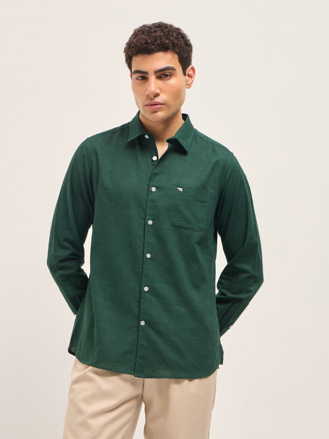 Green Cotton Linen Slim Fit Solid Casual Shirt