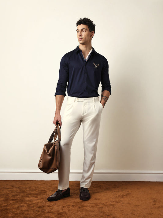Navy Tailored Fit Bold Eagle Embroidery Formal Party Shirt