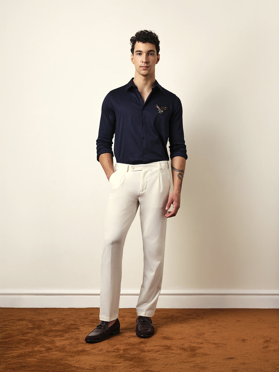 Navy Tailored Fit Bold Eagle Embroidery Formal Party Shirt