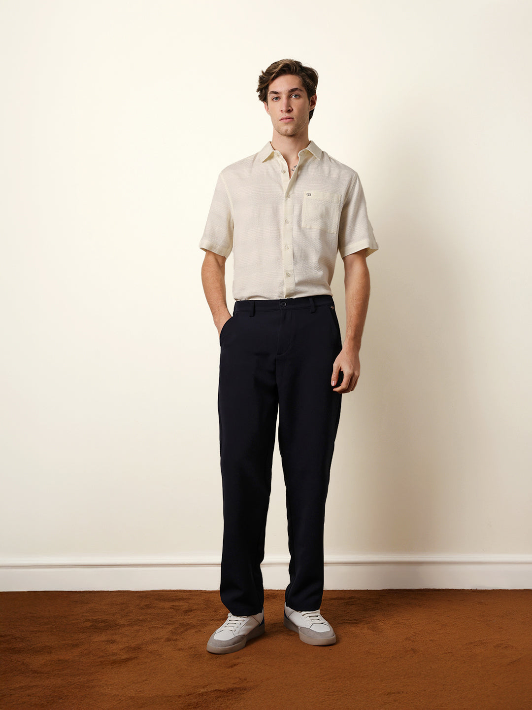 Off-White Relaxed Fit Casual Half Sleeve Shirt with Textured Horizontal Stripes