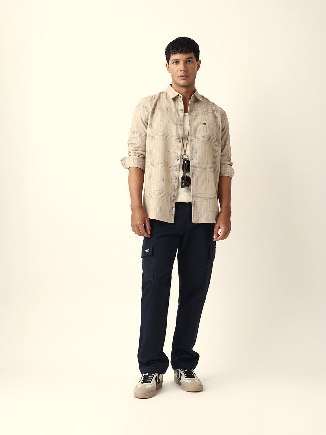 Beige Woven Checked Slim Fit Casual Shirt