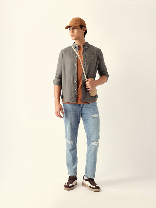 Olive Solid Slim Fit Cotton Casual Shirt