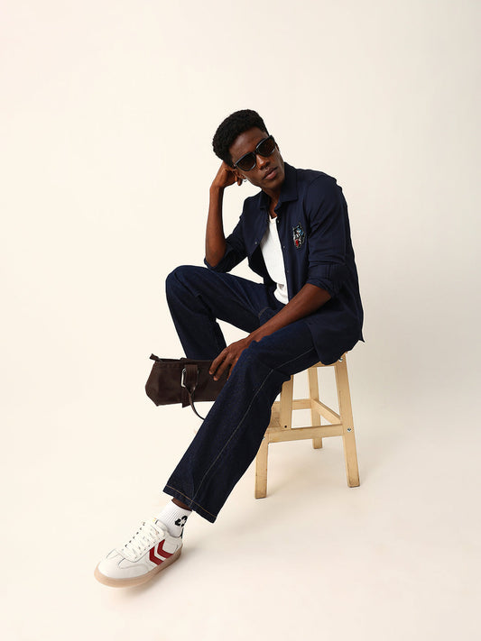 Navy Blue Tailored Fit Wolf Motif Embroidered Formal Party Wear Shirt