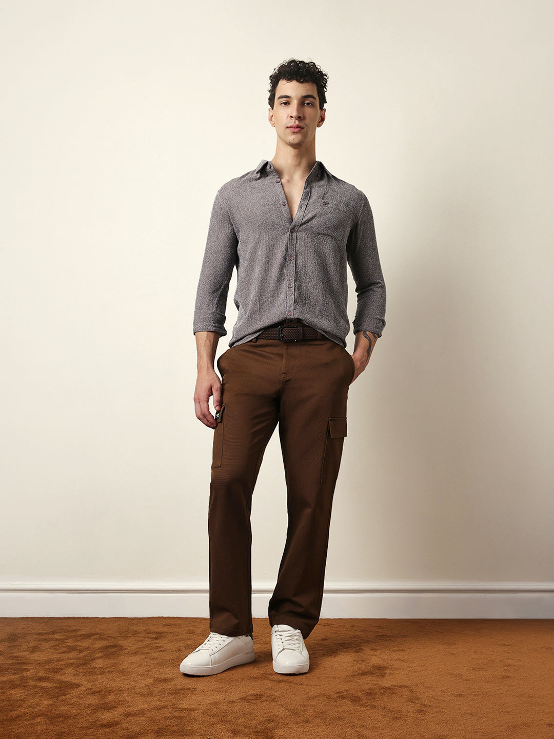 Grey Textured Woven Striped Slim Fit Casual Shirt
