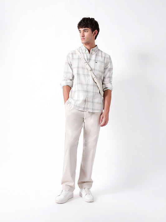 Cream Checked Woven Slim Fit Casual Shirt
