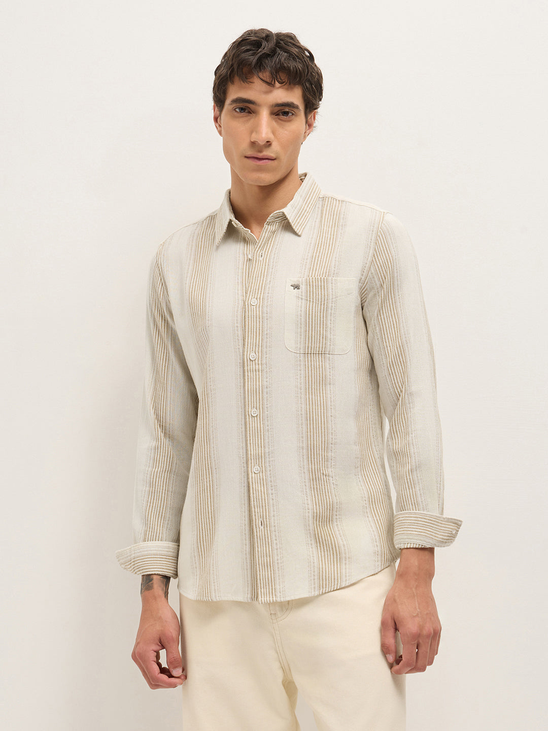 Cream Woven Vertical Stripes Slim Fit Casual Shirt