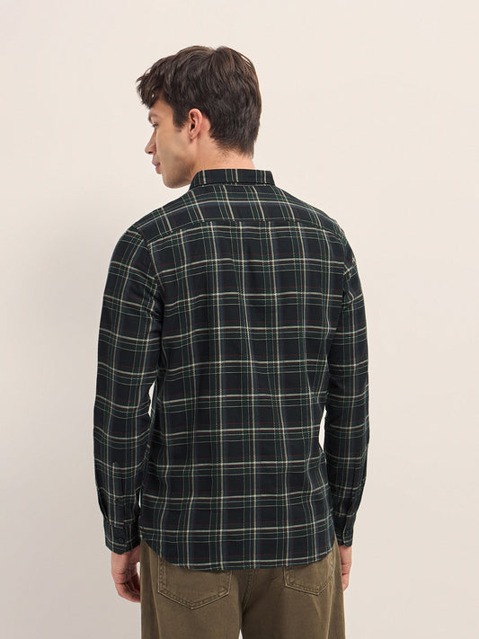 Black Woven Check Slim Fit Casual Shirt with Button-Down Collar