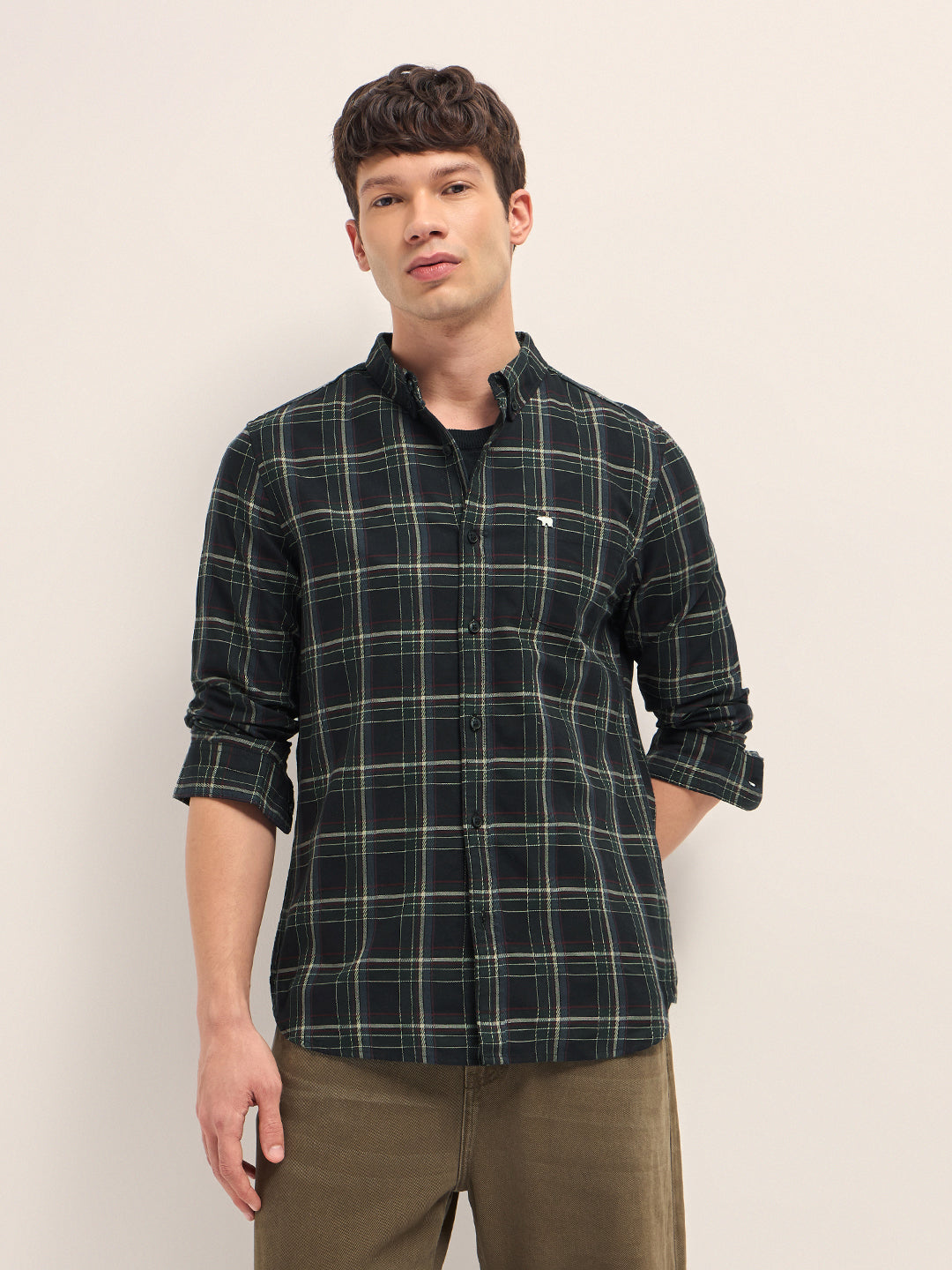 Black Woven Check Slim Fit Casual Shirt with Button-Down Collar