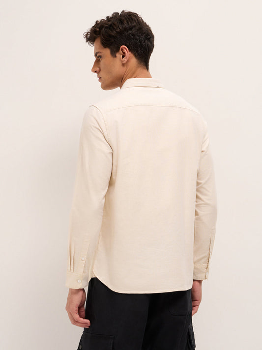 Beige Solid Slim Fit Cotton Casual Shirt