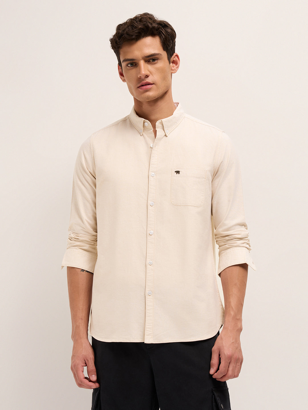 Beige Solid Slim Fit Cotton Casual Shirt