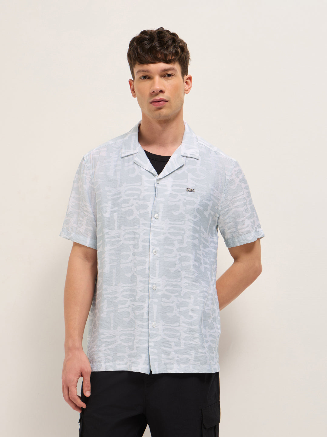 Grey Abstract Brush Stroke Print Relaxed Fit Cuban Collar Shirt