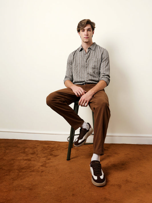 Grey Vertical Seersucker Pinstripe Slim Fit Casual Shirt