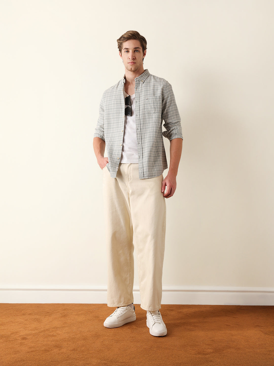 Green Woven Micro Check Slim Fit Casual Shirt