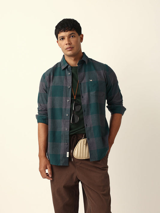 Green with Grey Woven Checks Slim Fit Casual Shirt