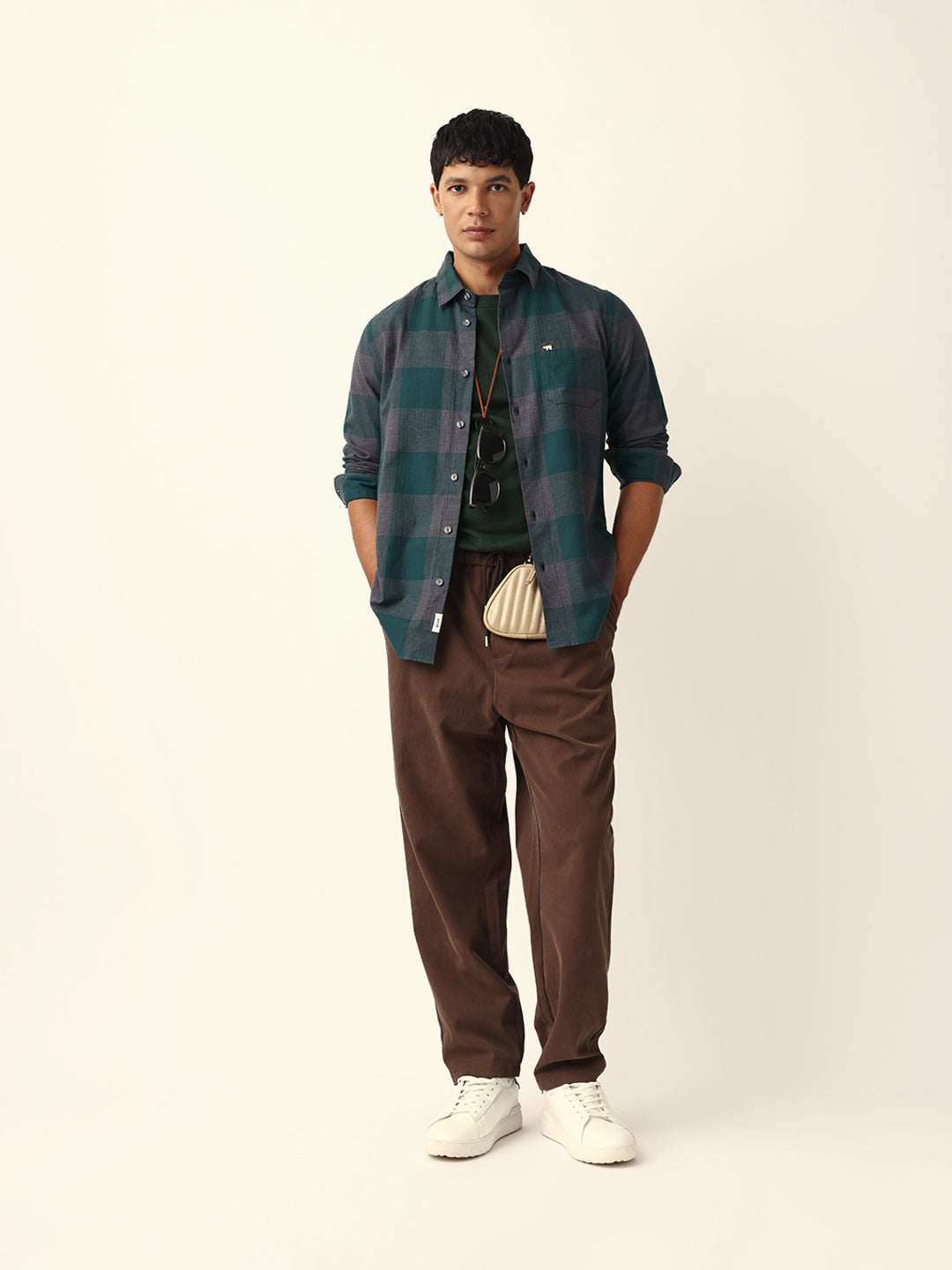Green with Grey Woven Checks Slim Fit Casual Shirt