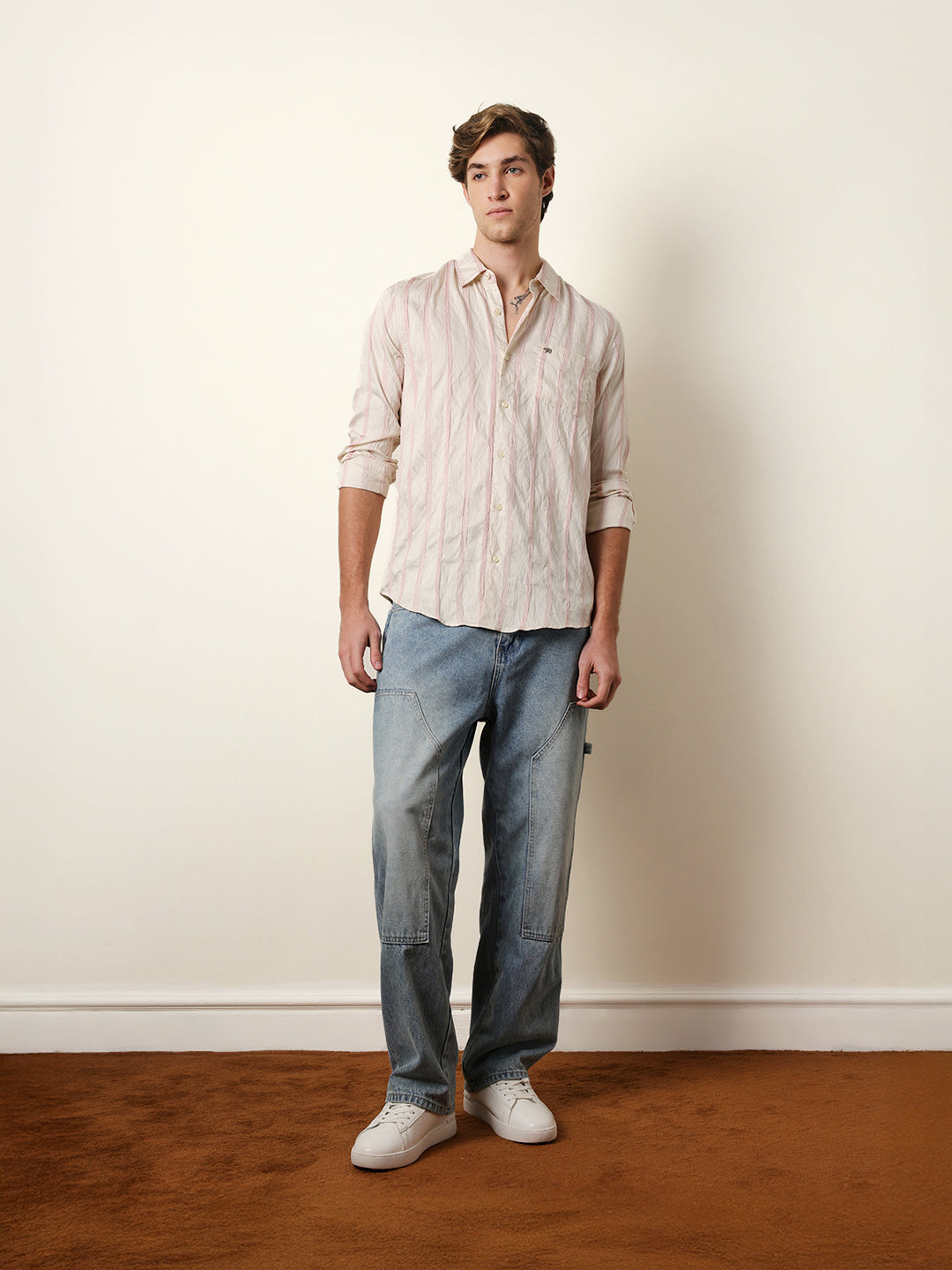 Pink & Cream Seersucker Vertical Pinstripe Slim Fit Casual Shirt