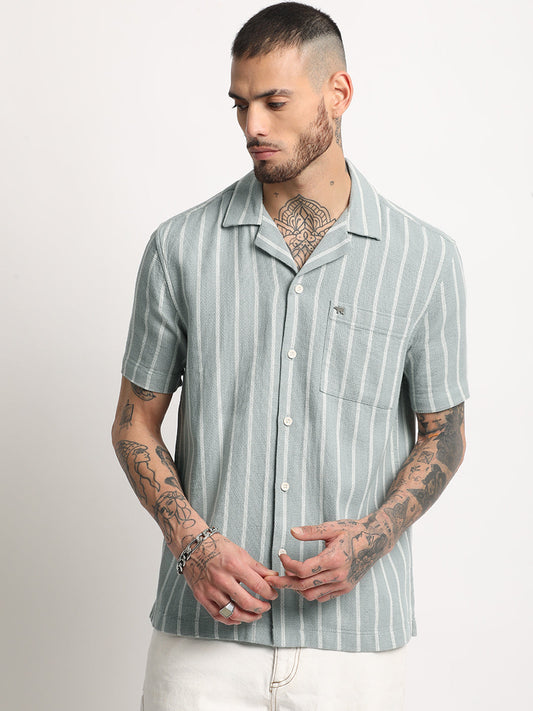 Men's Green Striped Regular Fit Casual Shirt