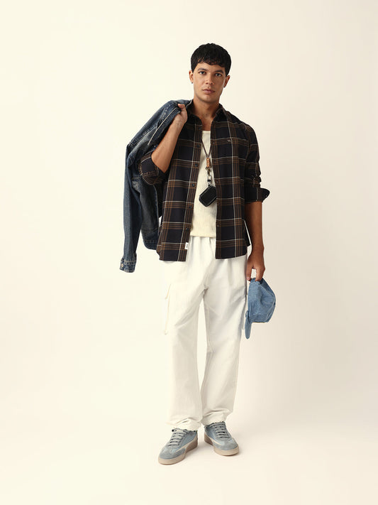 Brown Woven Tartan Checked Slim Fit Casual Shirt