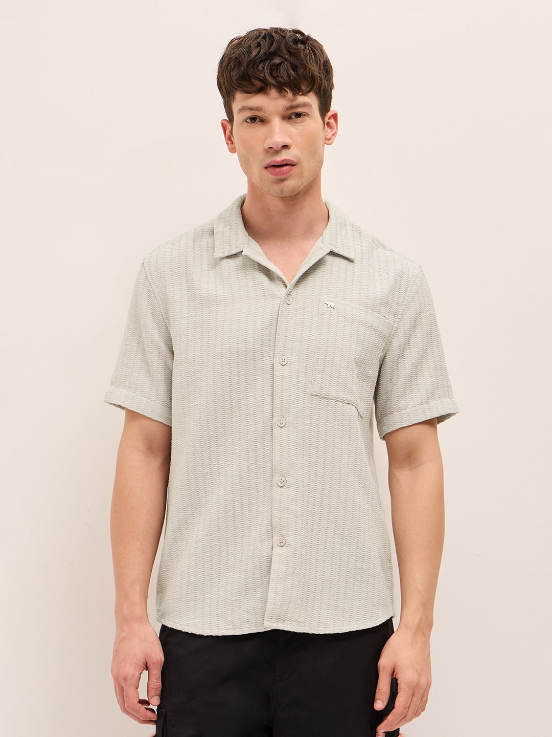 Light Grey Textured Relaxed Fit Half-Sleeve Casual Shirt
