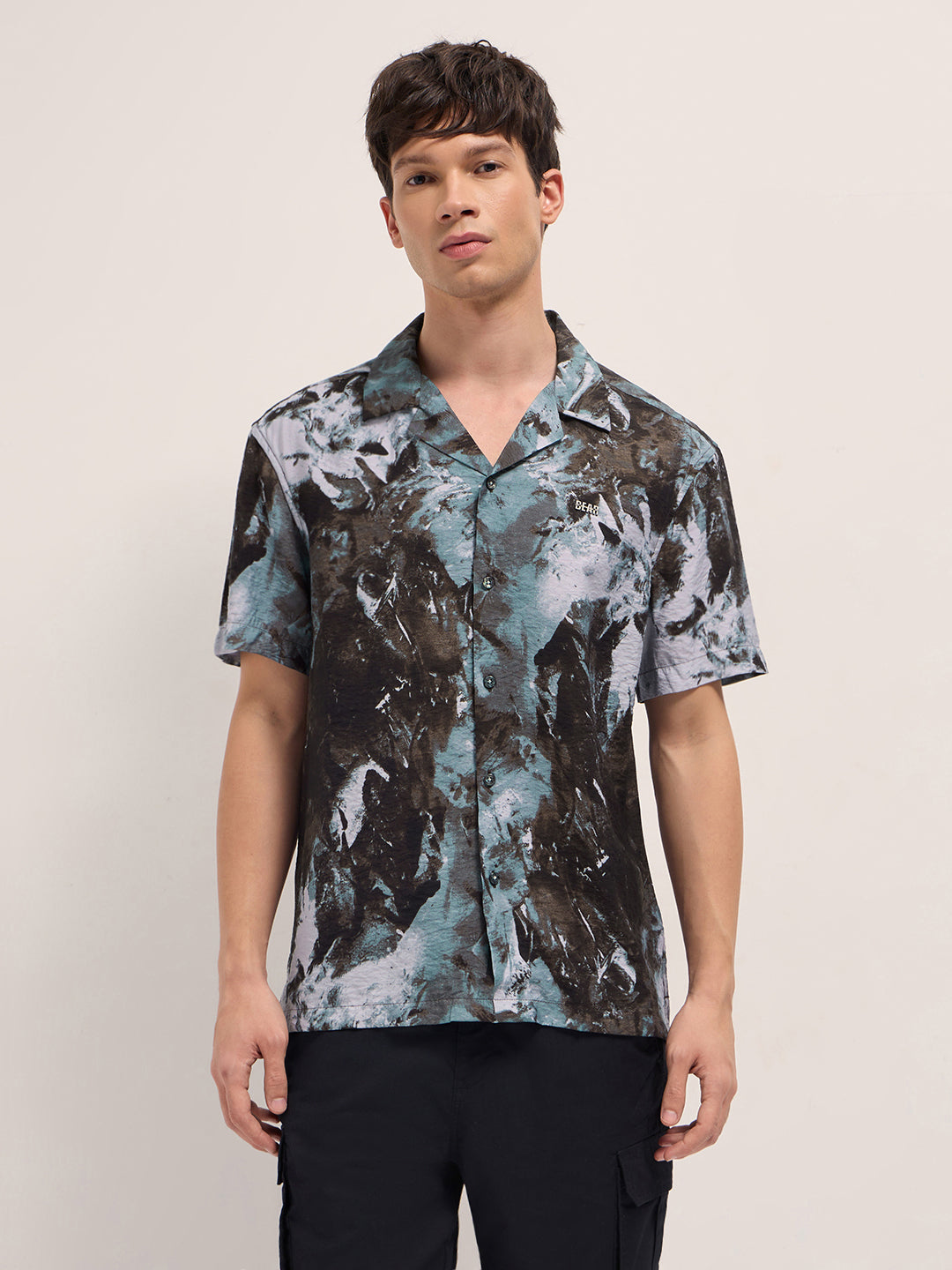 Brown Abstract Digital Print Relaxed Fit Cuban Collar Shirt