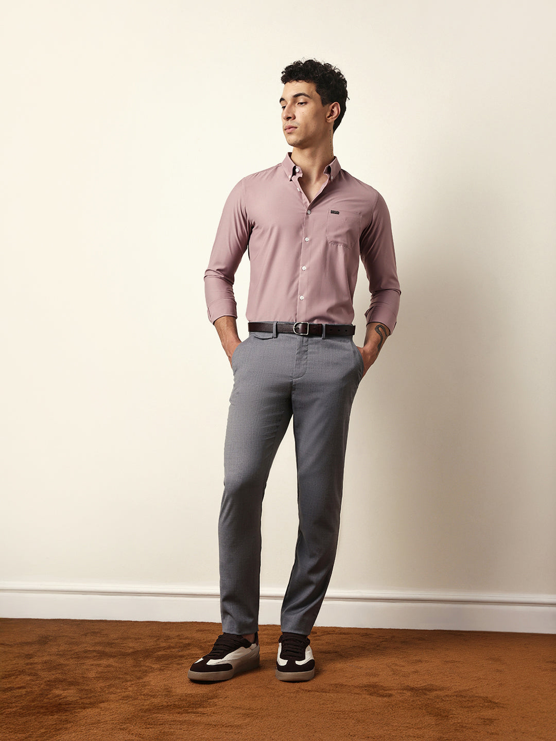 Pink Solid Slim Fit Casual Shirt with a Classic Semi-Formal Look