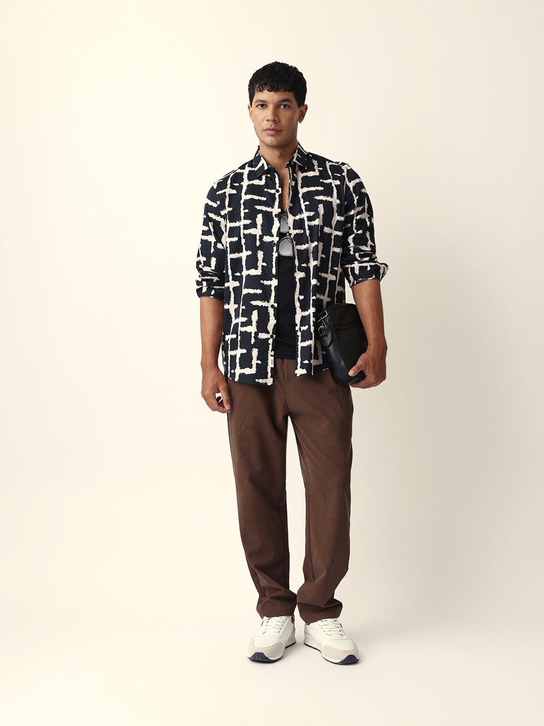 Black with Cream Brush-Stroke Grid Print Slim Fit Casual Shirt