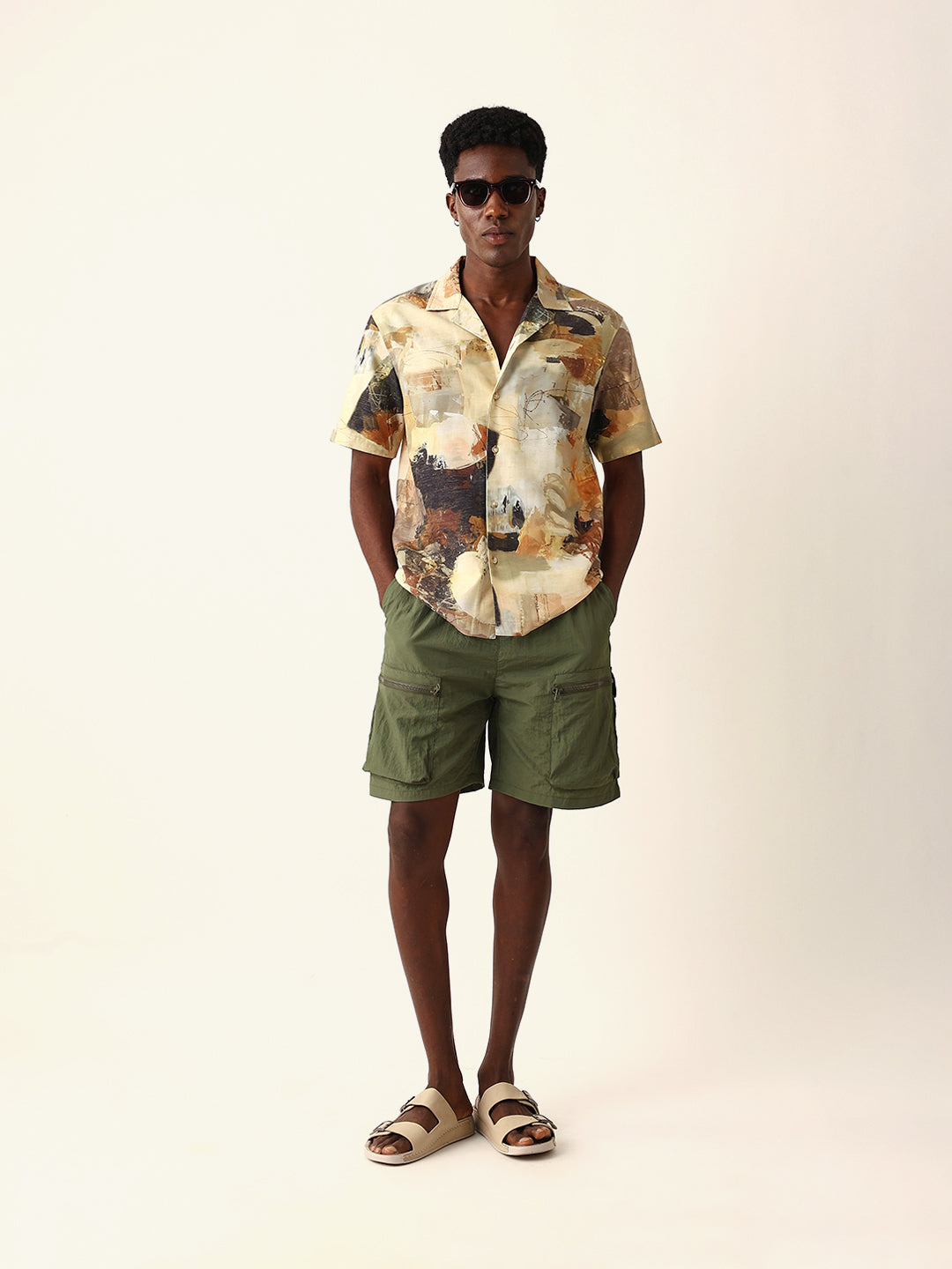Multicolor Abstract Brushstroke Print Cuban Collar Relaxed Fit Casual Shirt