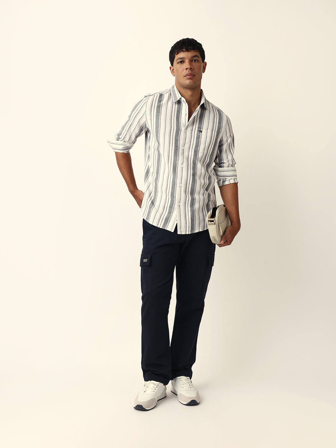 White Vertical Woven Stripe Slim Fit Casual Shirt