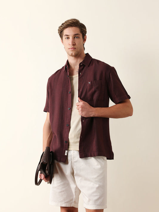 Maroon Relaxed Fit Casual Half Sleeve Shirt with Textured Vertical Stripes