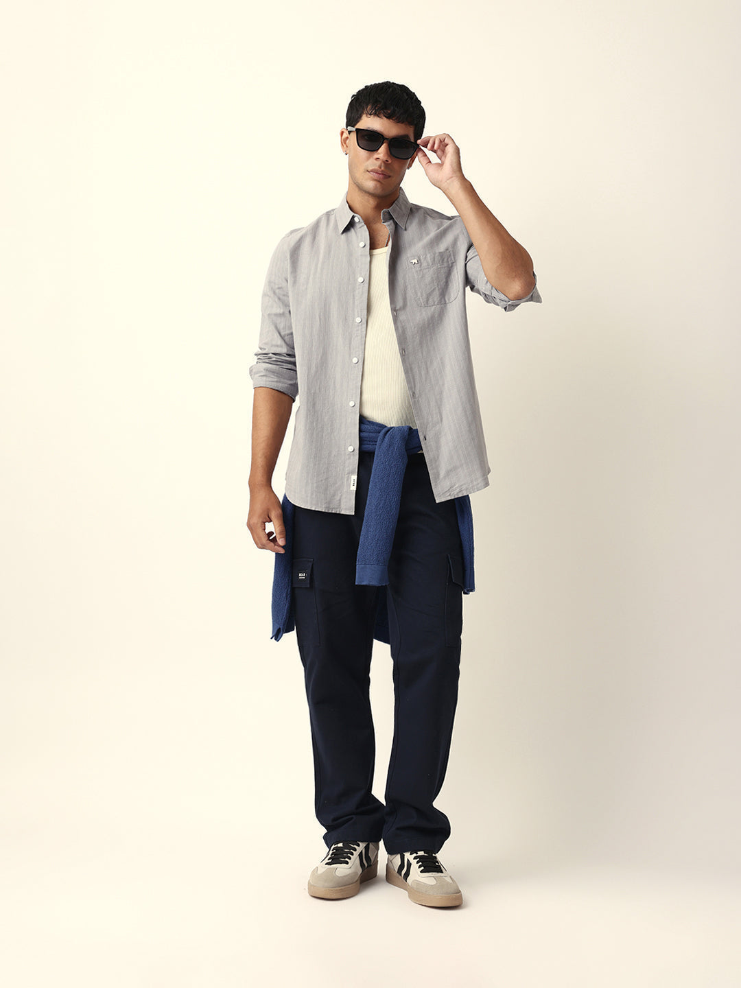Grey Woven Vertical Pinstripes Slim Fit Casual Shirt