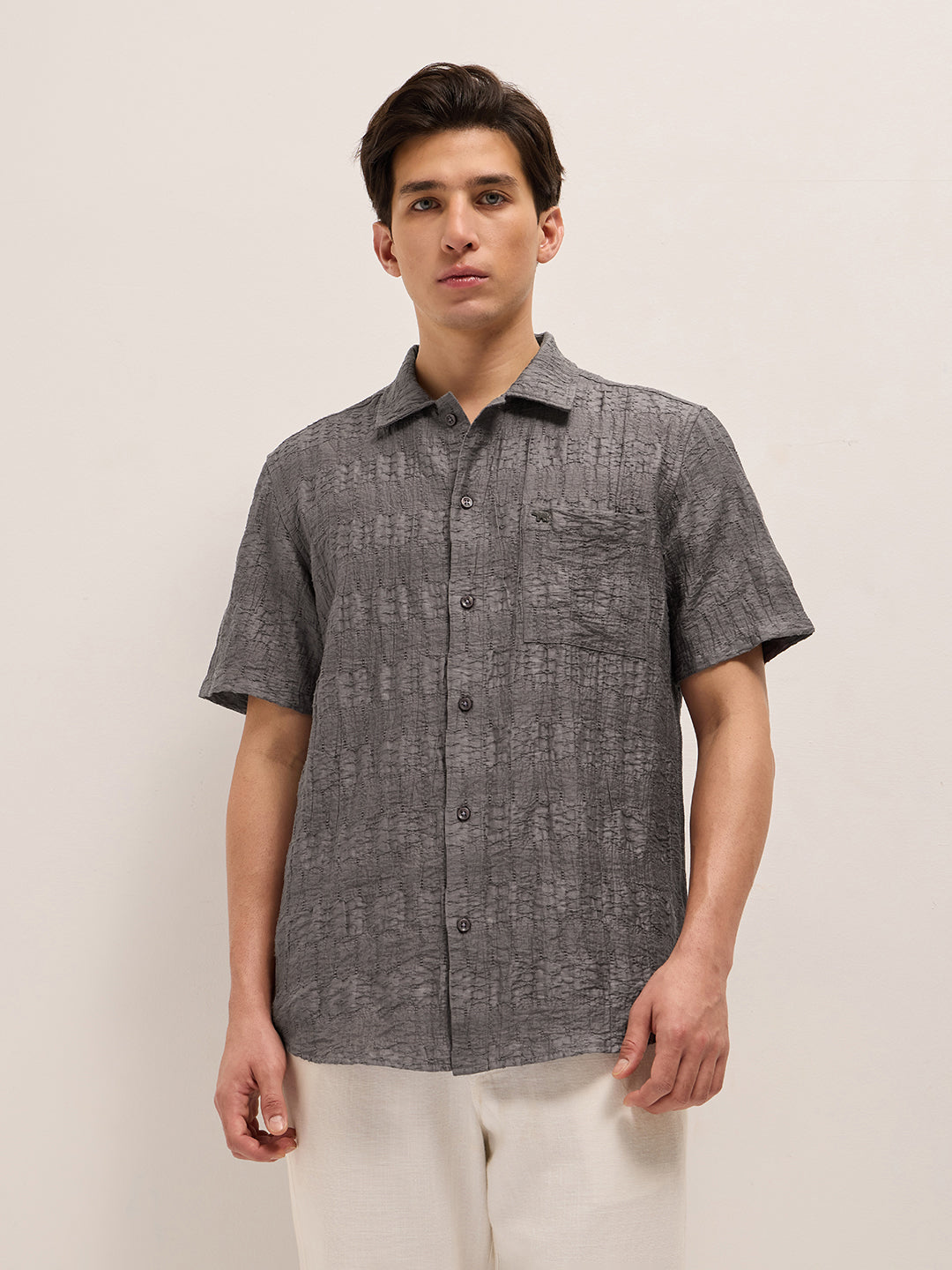 Grey Crinkle Textured Regular Fit Half-Sleeve Casual Shirt