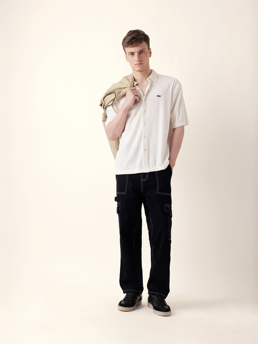White Textured Woven Oversized Fit Half Sleeve Casual Shirt