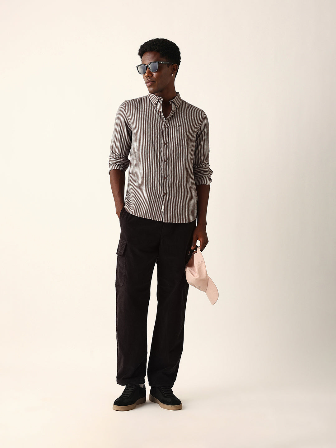 Brown & White Vertical Woven Striped Slim Fit Casual Shirt