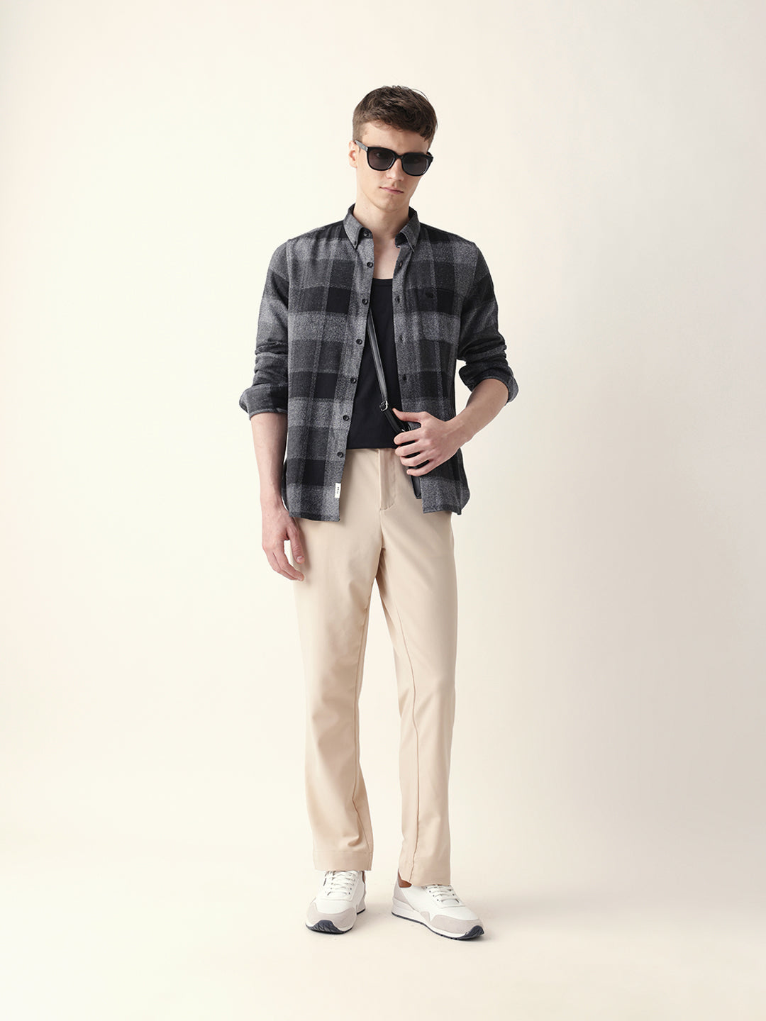 Black with Grey Woven Block Checks Slim Fit Casual Shirt