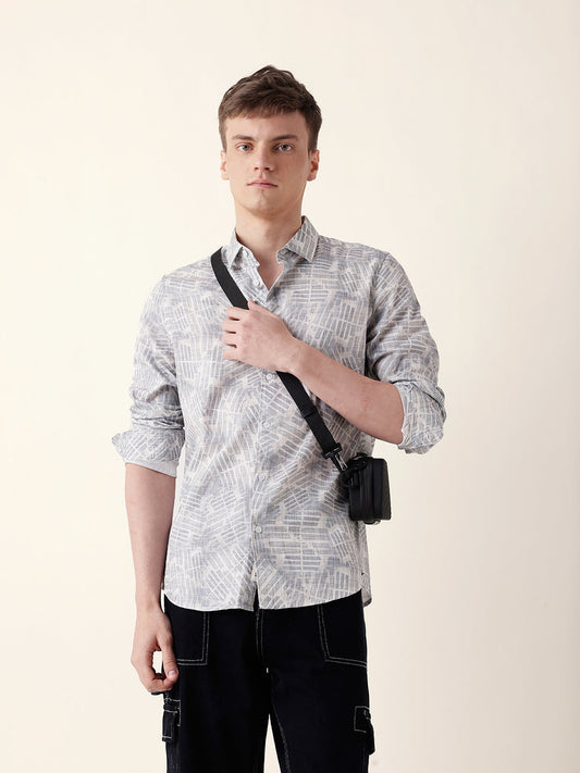 Grey Abstract Geometric Printed Slim Fit Casual Shirt