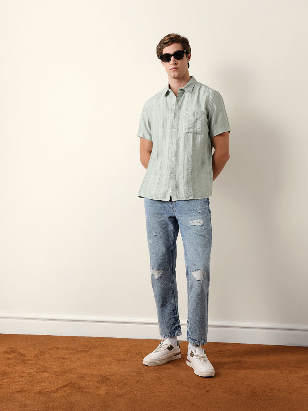 Green Vertical Stripe Dobby Woven Regular Fit Casual Shirt
