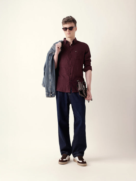 Maroon Slim Fit Casual Shirt with Woven Textured Design