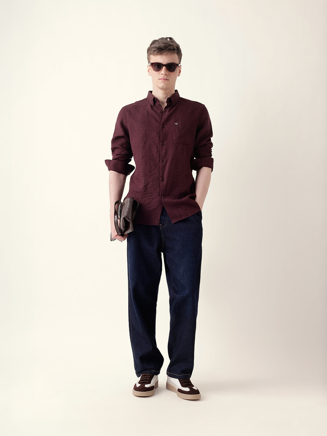 Maroon Slim Fit Casual Shirt with Woven Textured Design