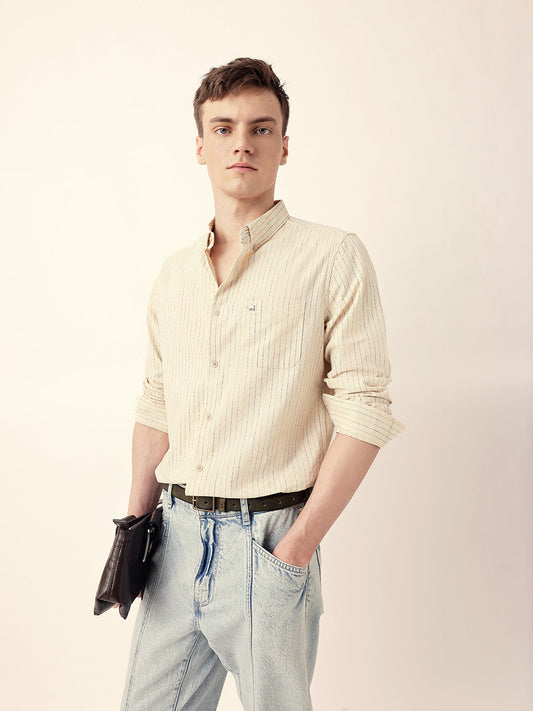 Cream Multi-Color Vertical Pinstripe Slim Fit Casual Shirt