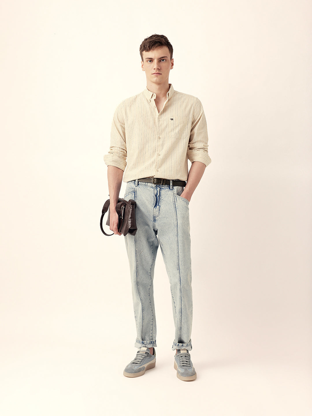 Cream Multi-Color Vertical Pinstripe Slim Fit Casual Shirt