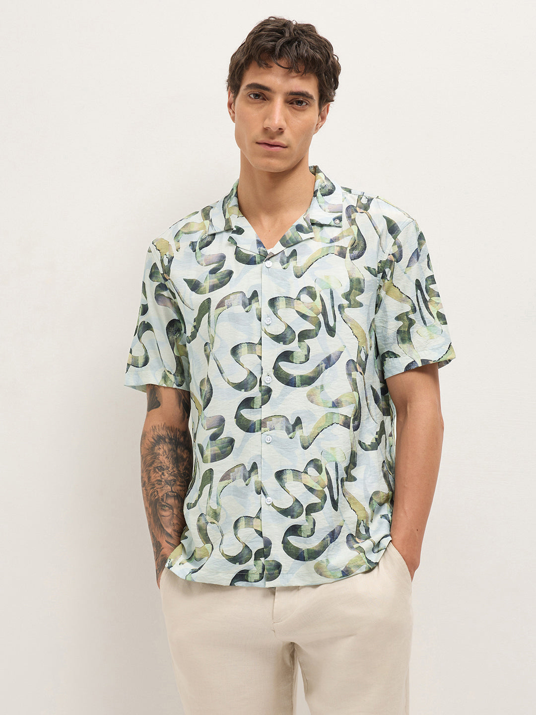 Multicolor Abstract Scribble Print Relaxed Fit Cuban Collar Casual Shirt
