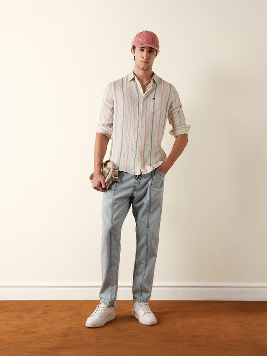 Cream Vertical Woven Stripe Slim Fit Casual Shirt