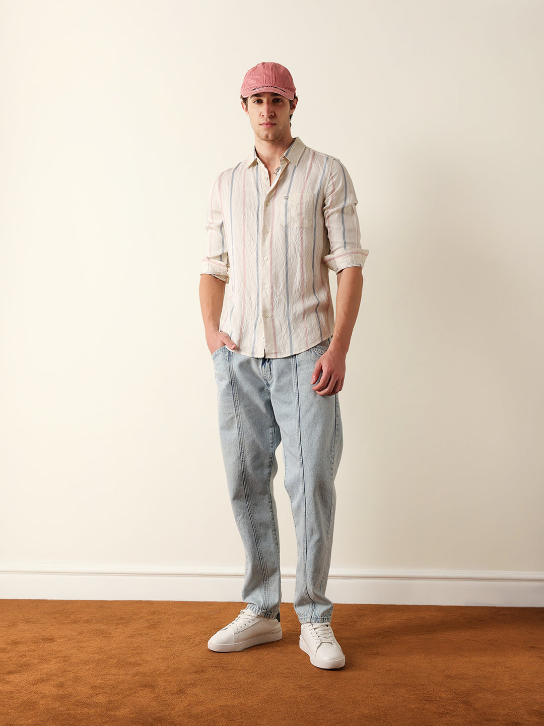 Cream Vertical Woven Stripe Slim Fit Casual Shirt