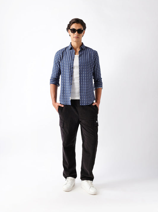 Blue Regular Fit Geometric Print Casual Shirt